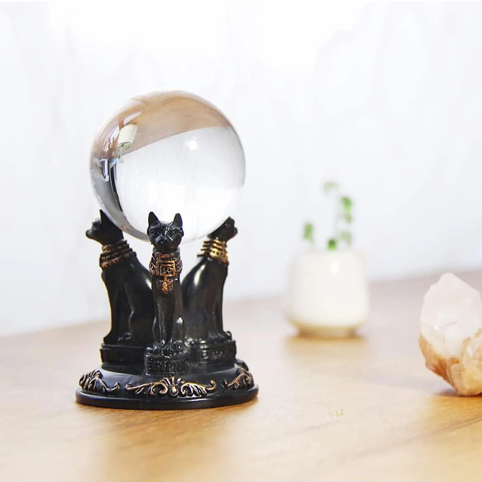Resin Egyptian Cat Ornament Black Elf Guard Statue Crystal Ball Stand Feng Shui Amulet Home Decoration