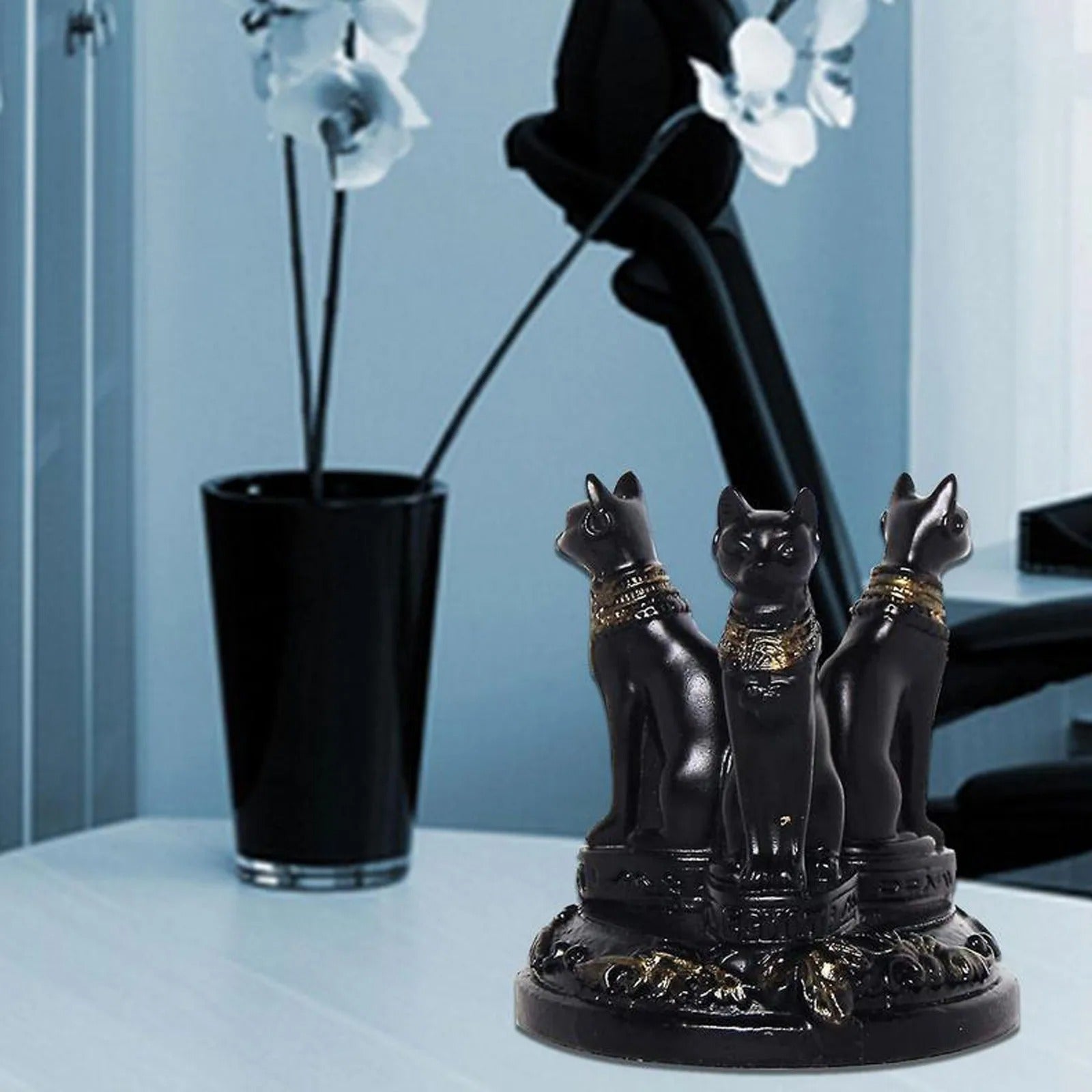 Resin Egyptian Cat Ornament Black Elf Guard Statue Crystal Ball Stand Feng Shui Amulet Home Decoration